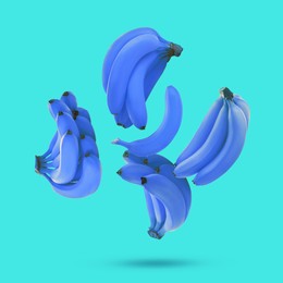 Image of Blue violet bananas in air on cyan color background