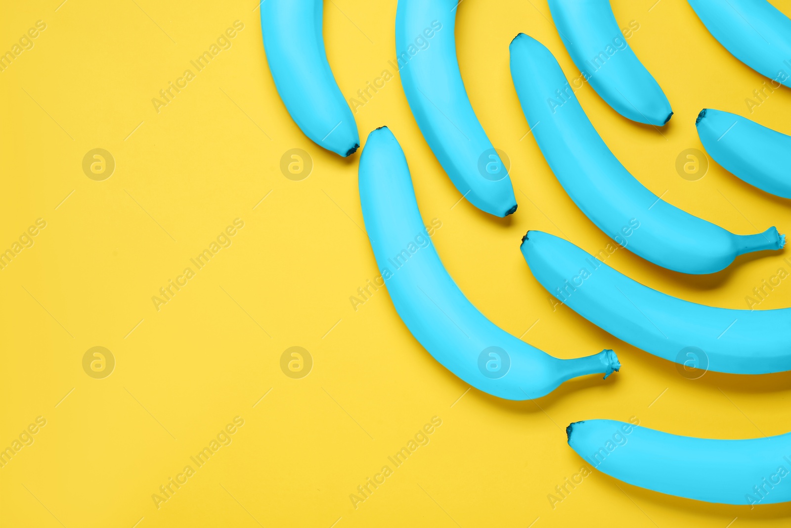 Image of Light blue bananas on yellow background, flat lay. Space for text