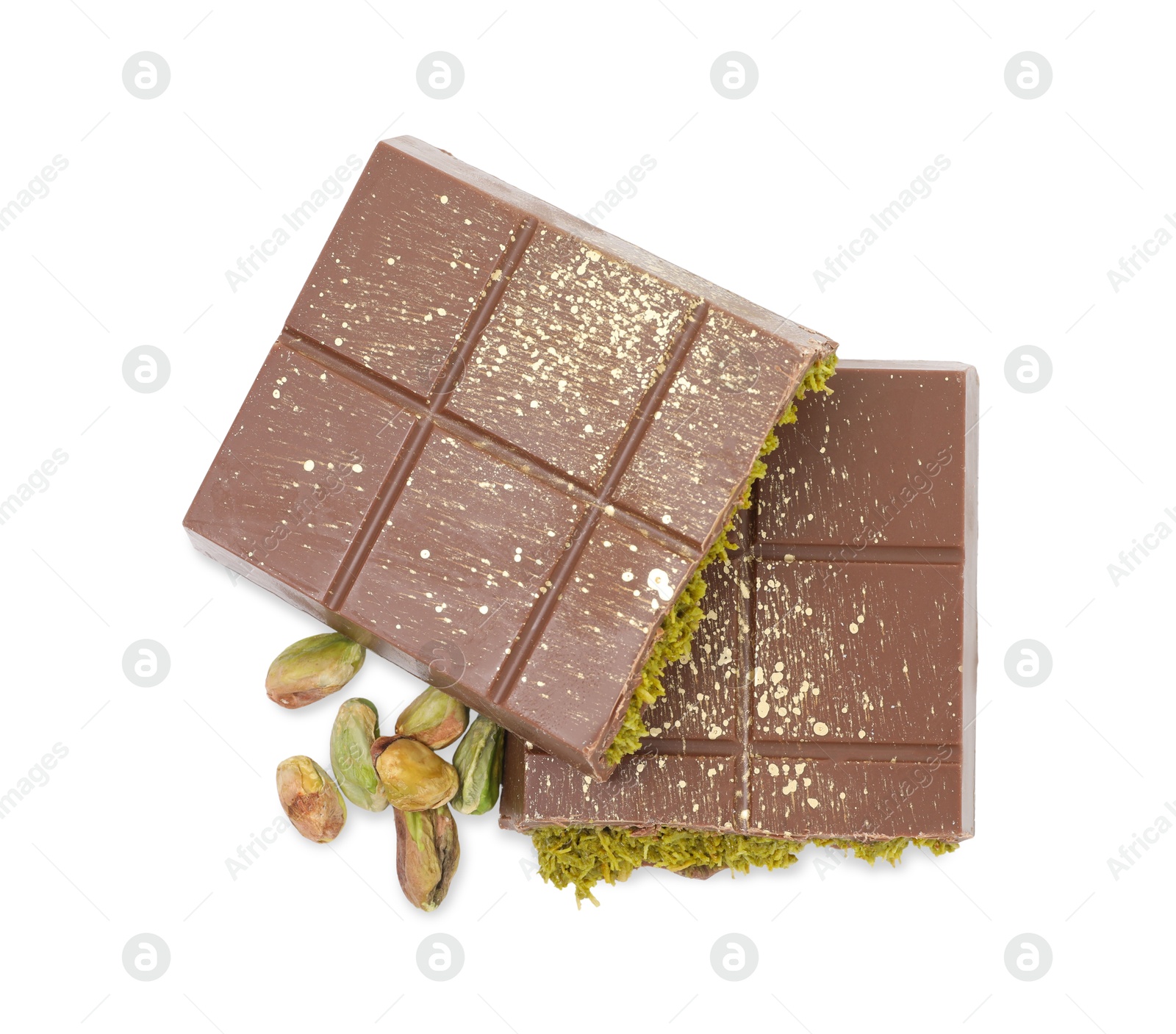 Photo of Pieces of tasty Dubai chocolate bar with pistachios and knafeh isolated on white, top view