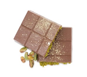 Photo of Pieces of tasty Dubai chocolate bar with pistachios and knafeh isolated on white, top view