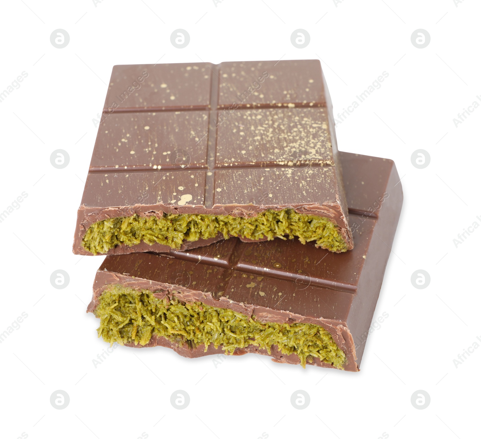 Photo of Pieces of tasty Dubai chocolate with pistachios and knafeh isolated on white