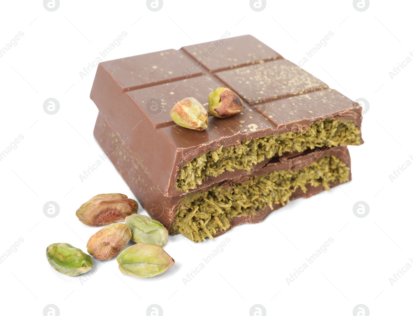 Photo of Pieces of tasty Dubai chocolate with pistachios and knafeh isolated on white