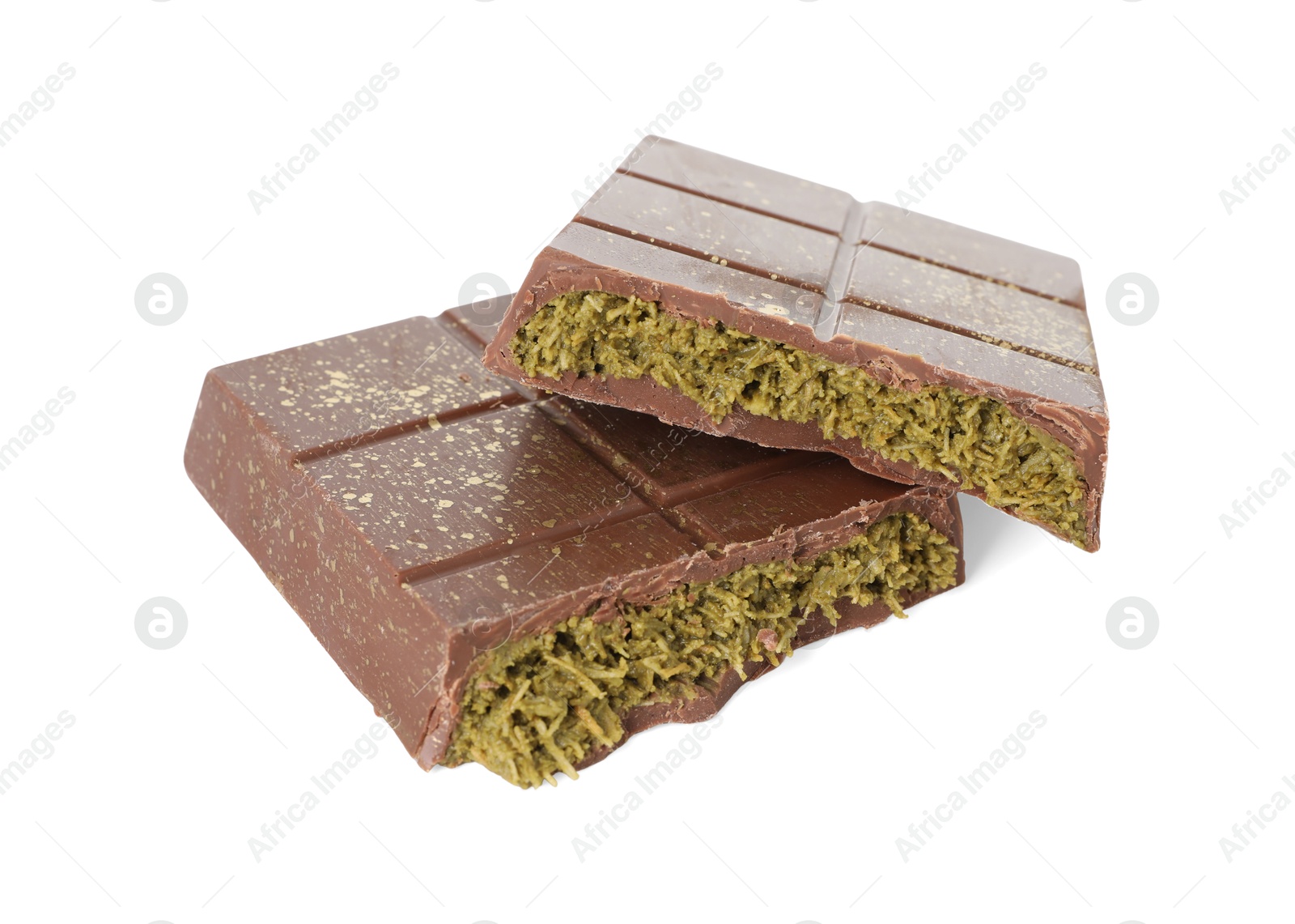 Photo of Pieces of tasty Dubai chocolate with pistachios and knafeh isolated on white