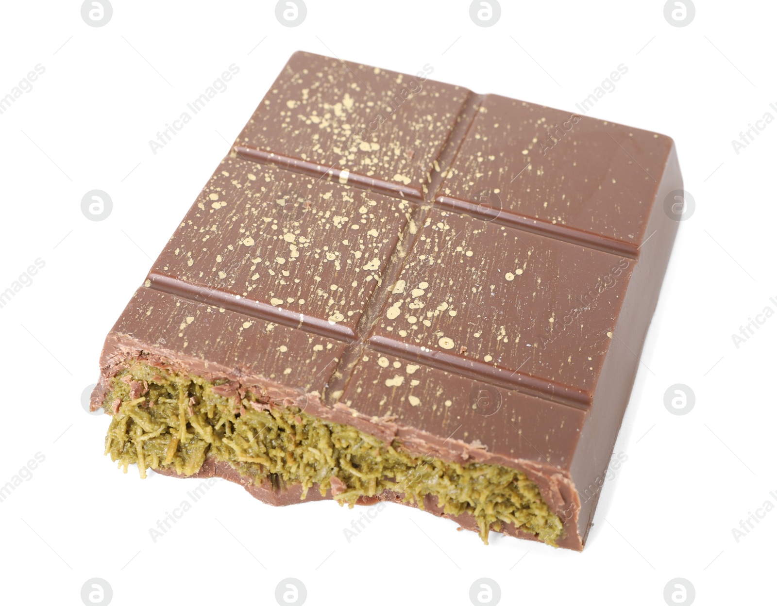 Photo of Piece of tasty Dubai chocolate with pistachios and knafeh isolated on white