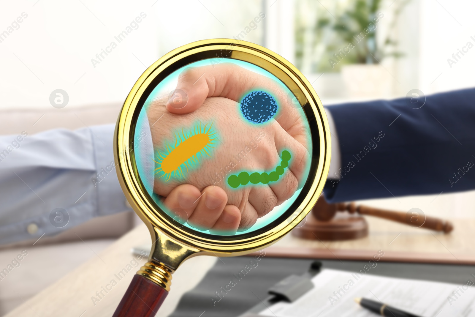 Image of People shaking hands, closeup. Pathogens transmission, illustration of microbes. View through magnifying glass