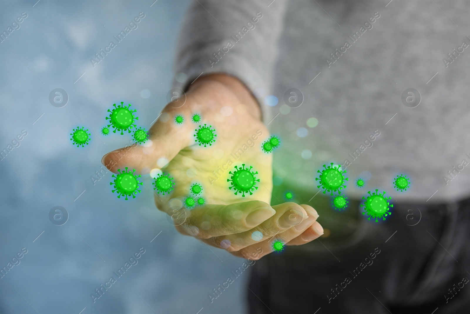 Image of Woman offering hand, closeup. Pathogens transmission, illustration of microbes