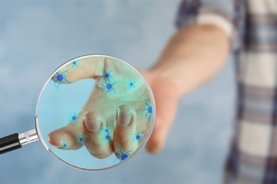 Image of Woman offering hand, closeup. Pathogens transmission, illustration of microbes. View through magnifying glass