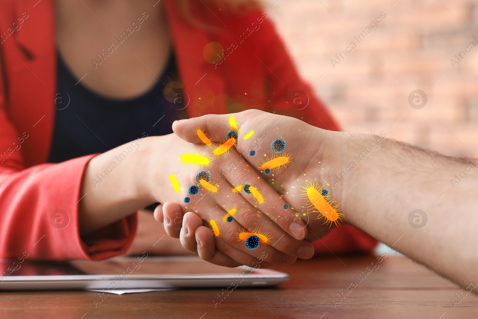 Image of People shaking hands, closeup. Pathogens transmission, illustration of microbes