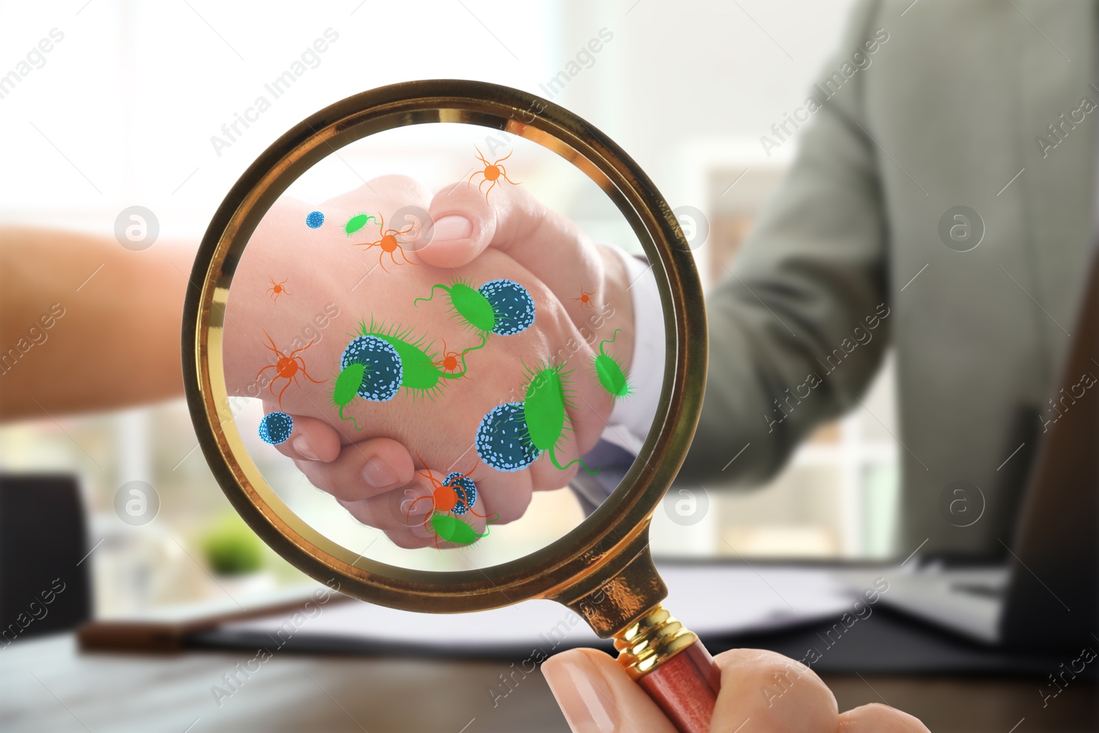 Image of People shaking hands, closeup. Pathogens transmission, illustration of microbes. View through magnifying glass