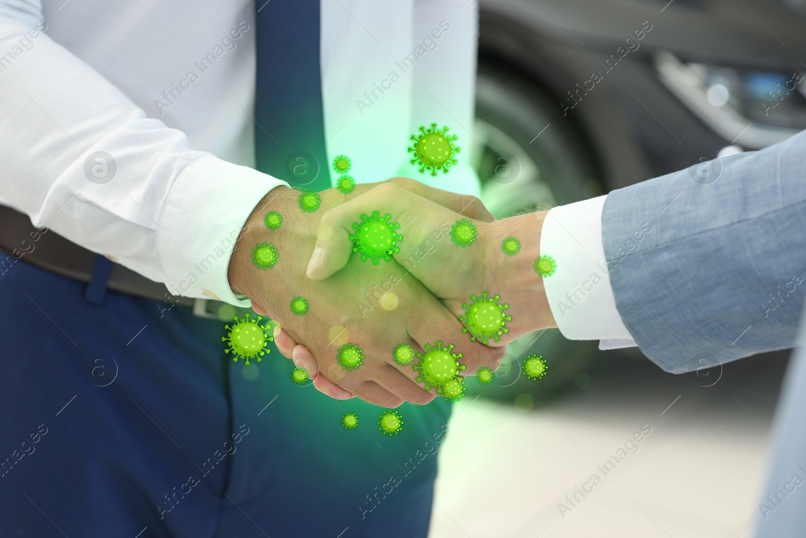 Image of People shaking hands, closeup. Pathogens transmission, illustration of microbes