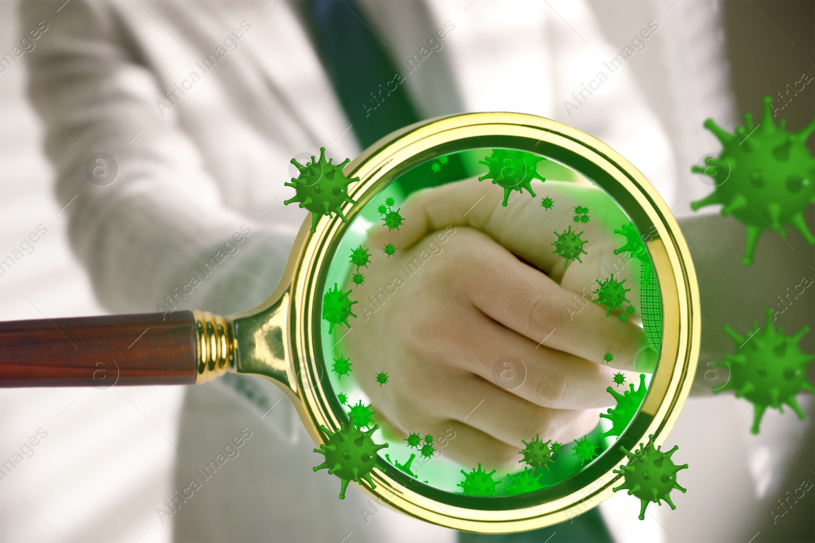 Image of People shaking hands, closeup. Pathogens transmission, illustration of microbes. View through magnifying glass