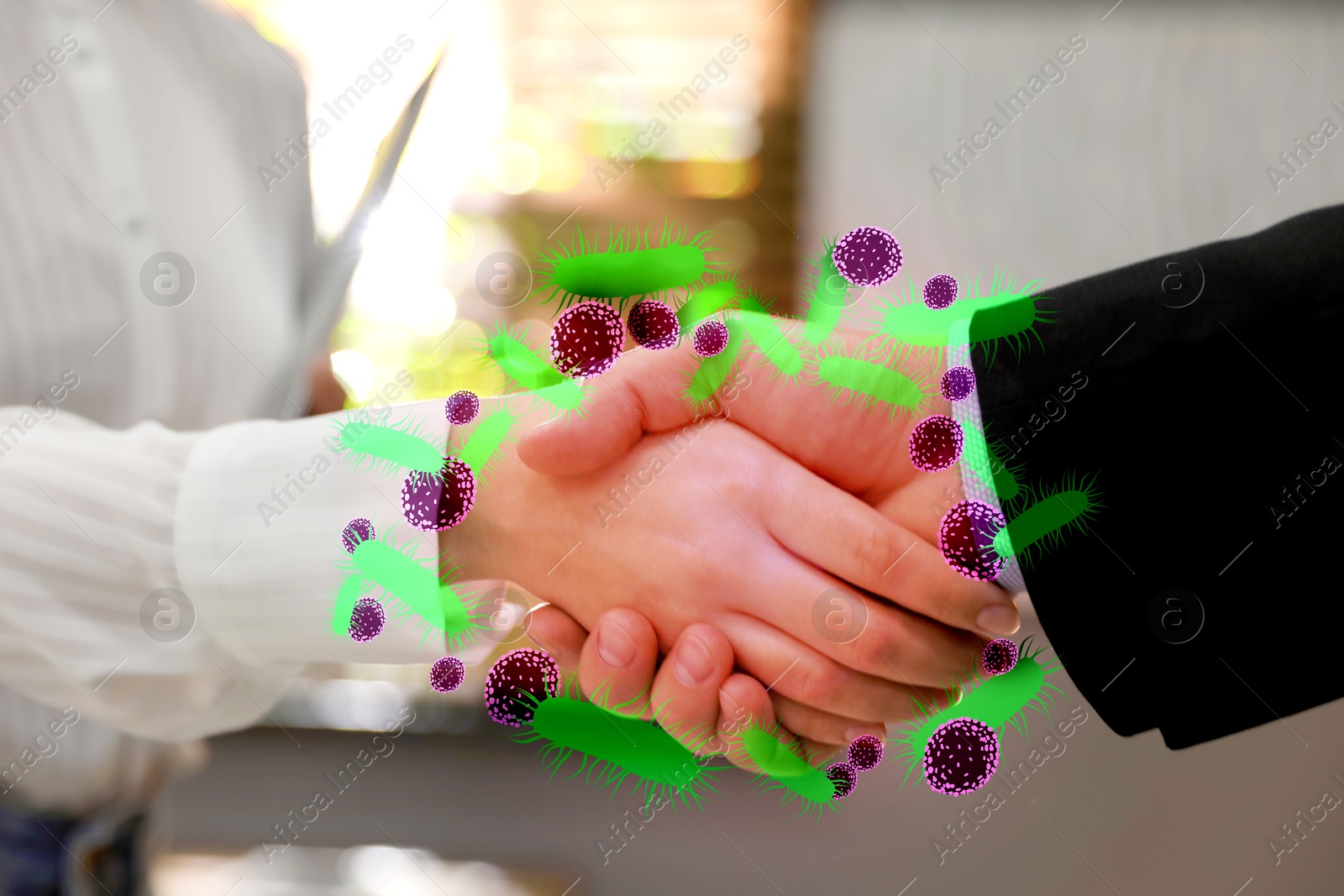 Image of People shaking hands, closeup. Pathogens transmission, illustration of microbes