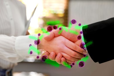 Image of People shaking hands, closeup. Pathogens transmission, illustration of microbes