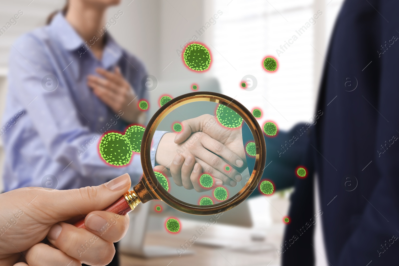 Image of People shaking hands, closeup. Pathogens transmission, illustration of microbes. View through magnifying glass