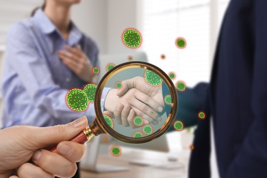 Image of People shaking hands, closeup. Pathogens transmission, illustration of microbes. View through magnifying glass