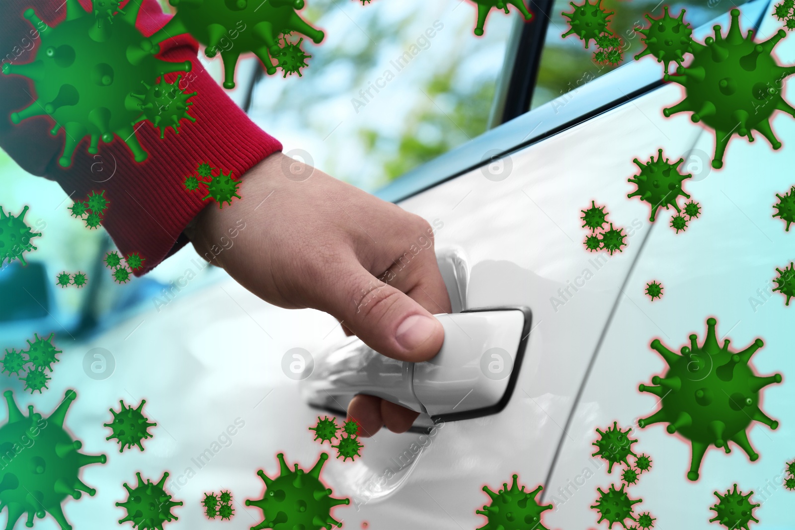 Image of Man opening car door, closeup. Pathogens transmission, illustration of microbes