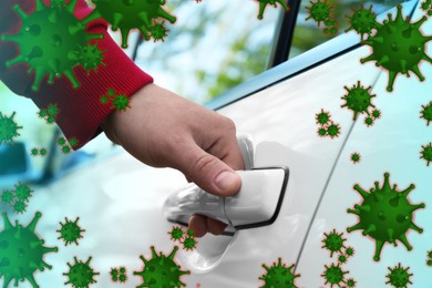 Man opening car door, closeup. Pathogens transmission, illustration of microbes