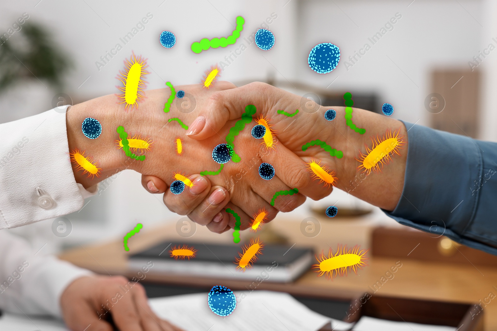 Image of People shaking hands, closeup. Pathogens transmission, illustration of microbes