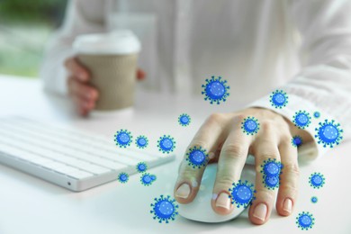 Image of Woman using computer mouse, closeup. Pathogens transmission, illustration of microbes