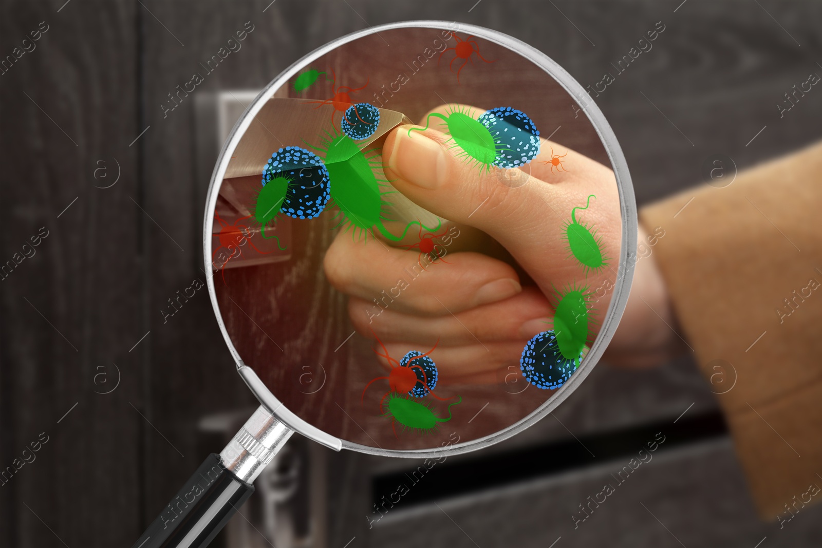 Image of Woman opening door, closeup. Pathogens transmission, illustration of microbes. View through magnifying glass