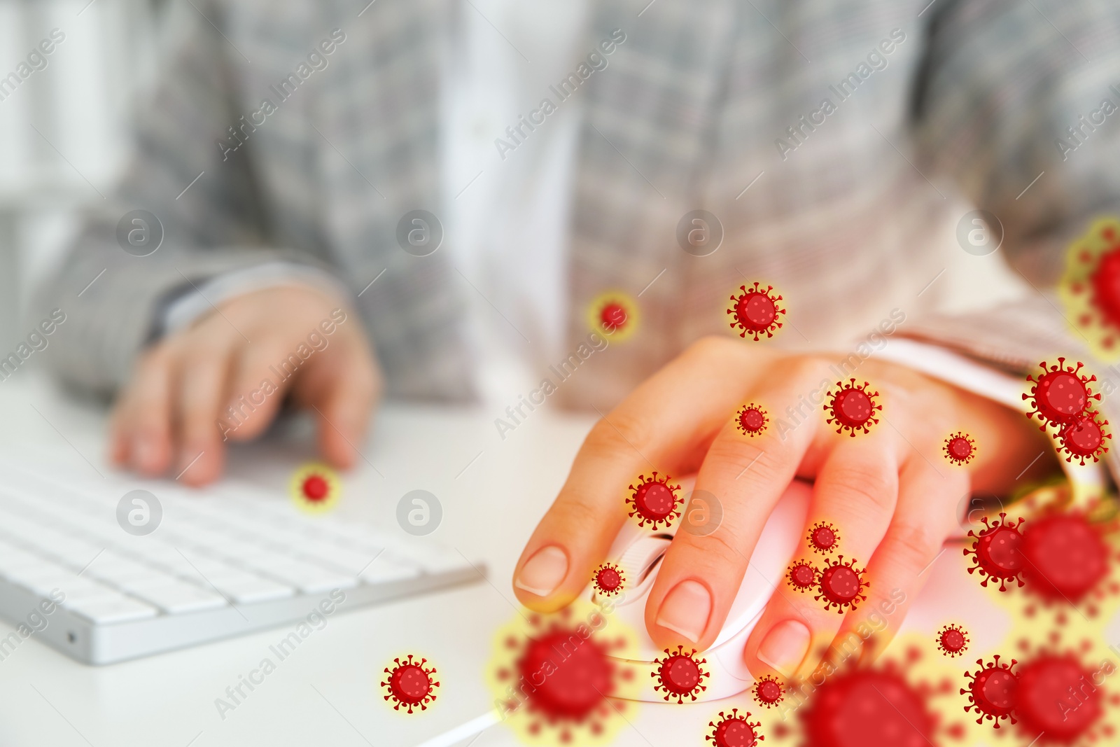 Image of Woman using computer mouse, closeup. Pathogens transmission, illustration of microbes