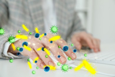 Image of Woman using computer mouse, closeup. Pathogens transmission, illustration of microbes