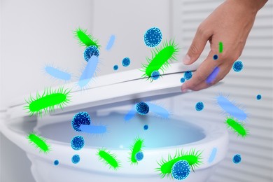 Image of Woman closing toilet seat in bathroom, closeup. Pathogens transmission, illustration of microbes