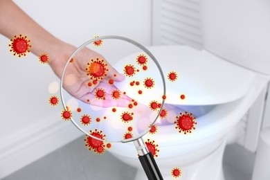 Image of Woman closing toilet seat in bathroom, closeup. Pathogens transmission, illustration of microbes. View through magnifying glass