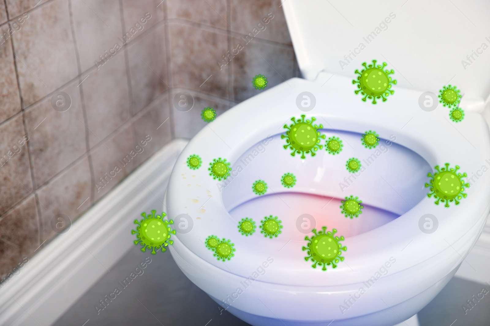 Image of Toilet with seat in bathroom, closeup. Pathogens transmission, illustration of microbes