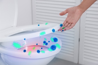 Image of Woman closing toilet seat in bathroom, closeup. Pathogens transmission, illustration of microbes