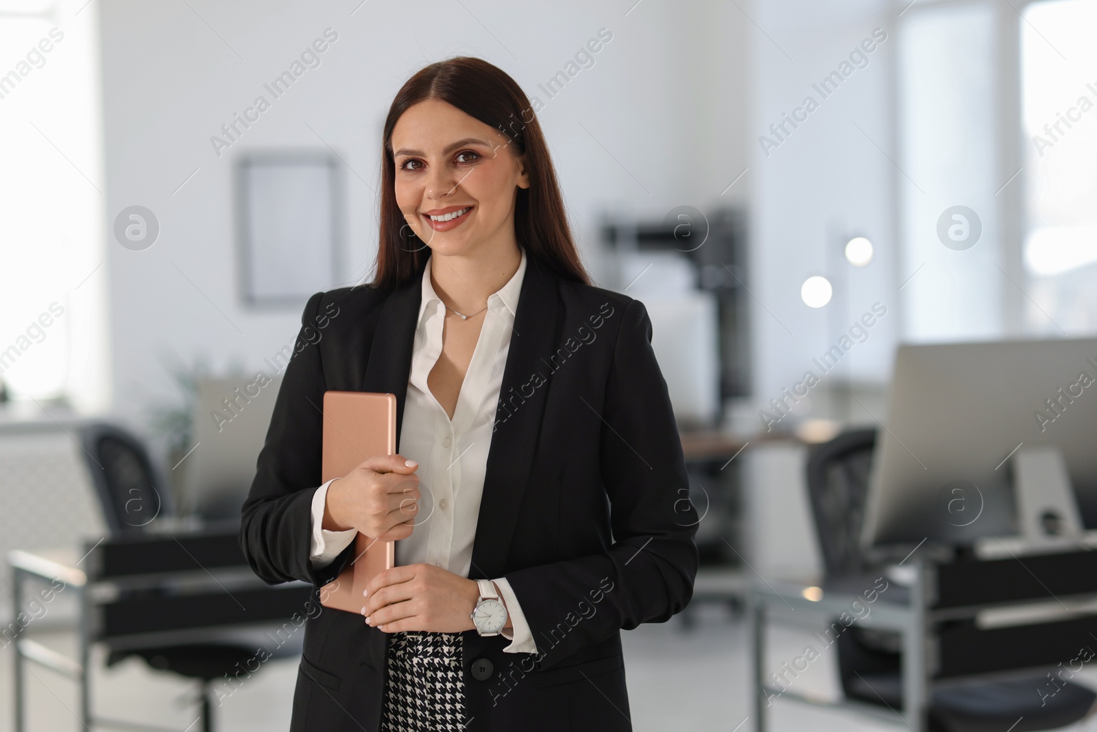 Photo of Banker with tablet in office, space for text