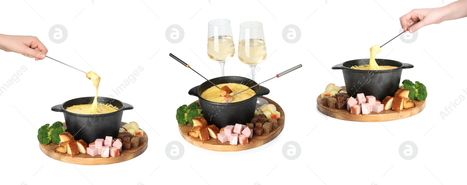 Image of Cheese fondue. Pot and foods isolated on white, collage