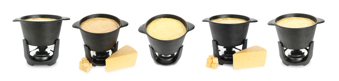 Image of Fondue pot with melted cheese isolated on white, collage