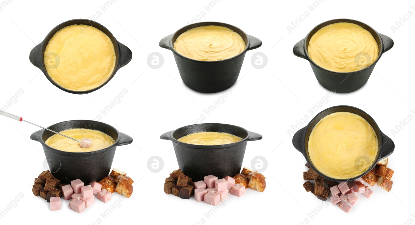 Image of Cheese fondue. Pot and foods isolated on white, collage