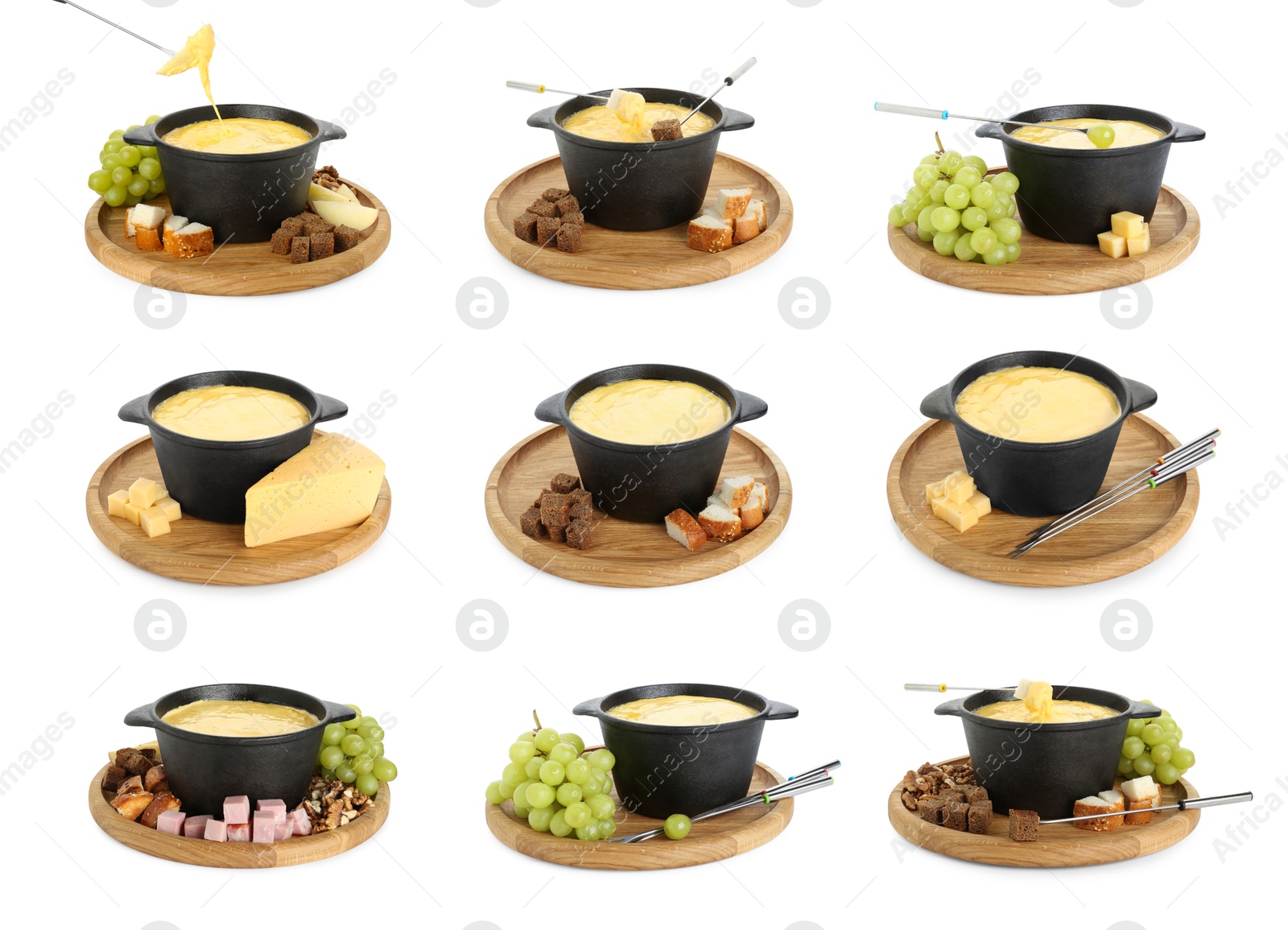 Image of Cheese fondue. Pot and foods isolated on white, collage