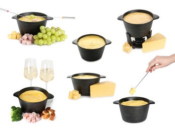 Image of Cheese fondue. Pot and foods isolated on white, collage