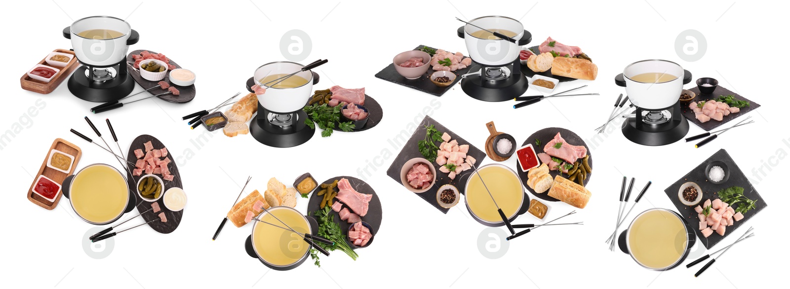 Image of Cheese fondue. Pot and foods isolated on white, collage