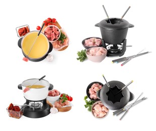 Image of Fondue pots with oil and raw meat isolated on white, collage