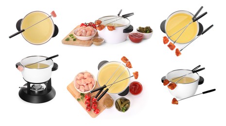 Fondue pot with oil and meat isolated on white, collage