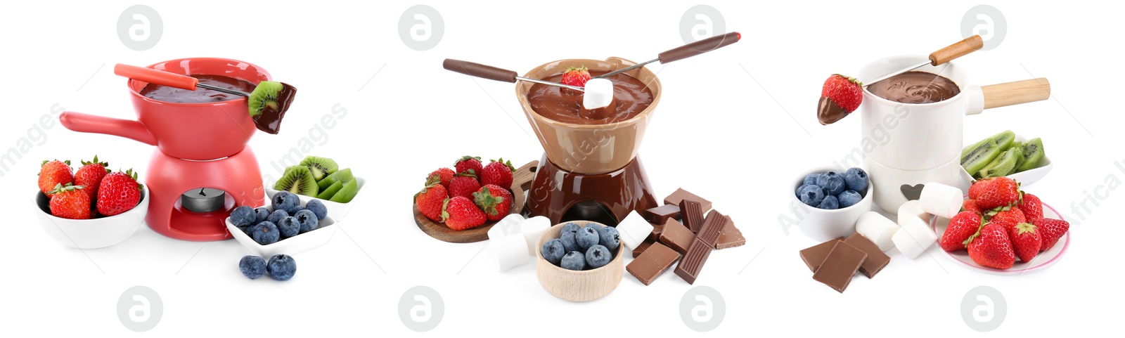 Image of Chocolate fondue, marshmallow and berries isolated on white, collage