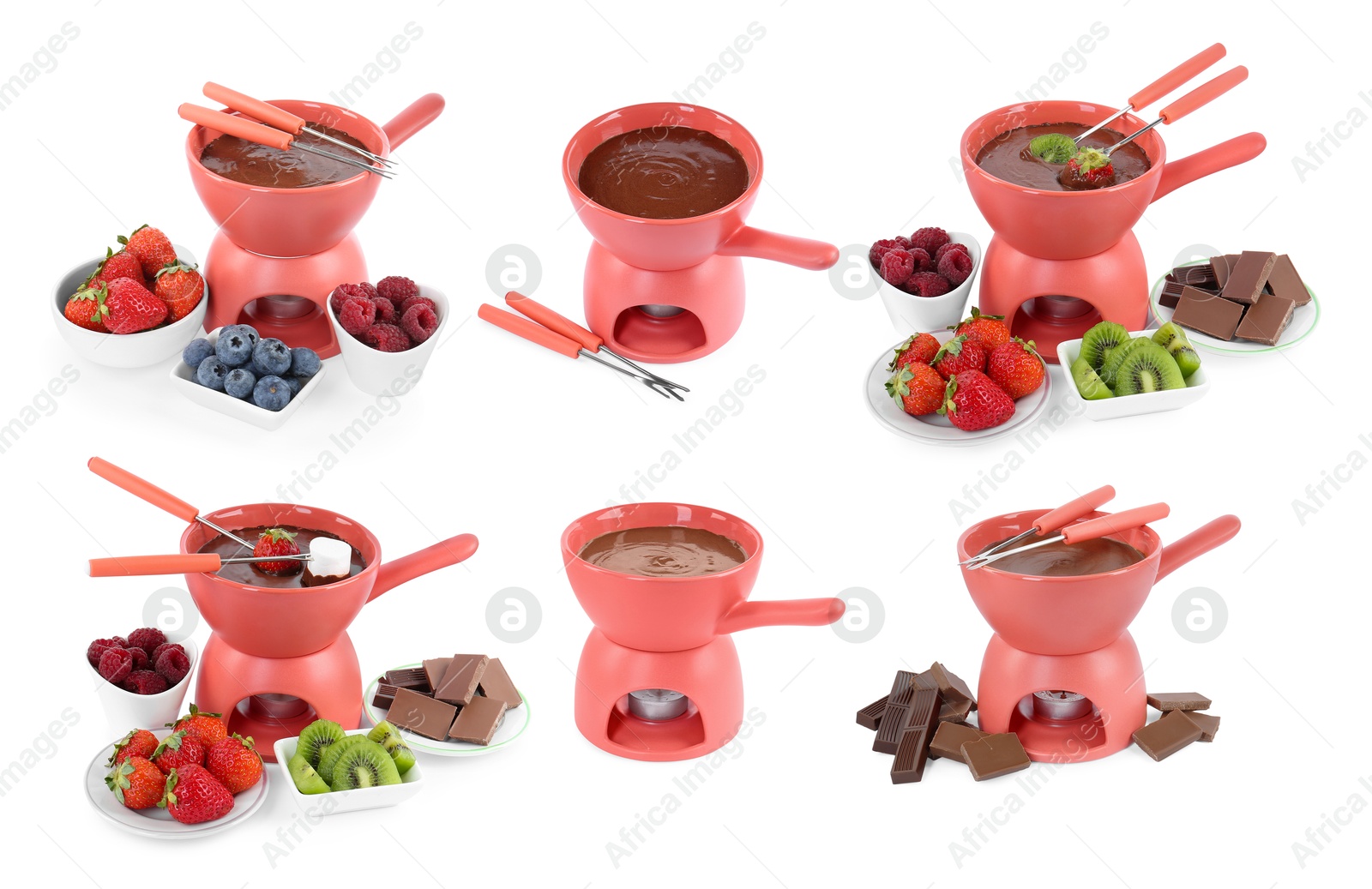 Image of Chocolate fondue and berries isolated on white, collage