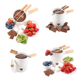 Image of Chocolate fondue and berries isolated on white, collage