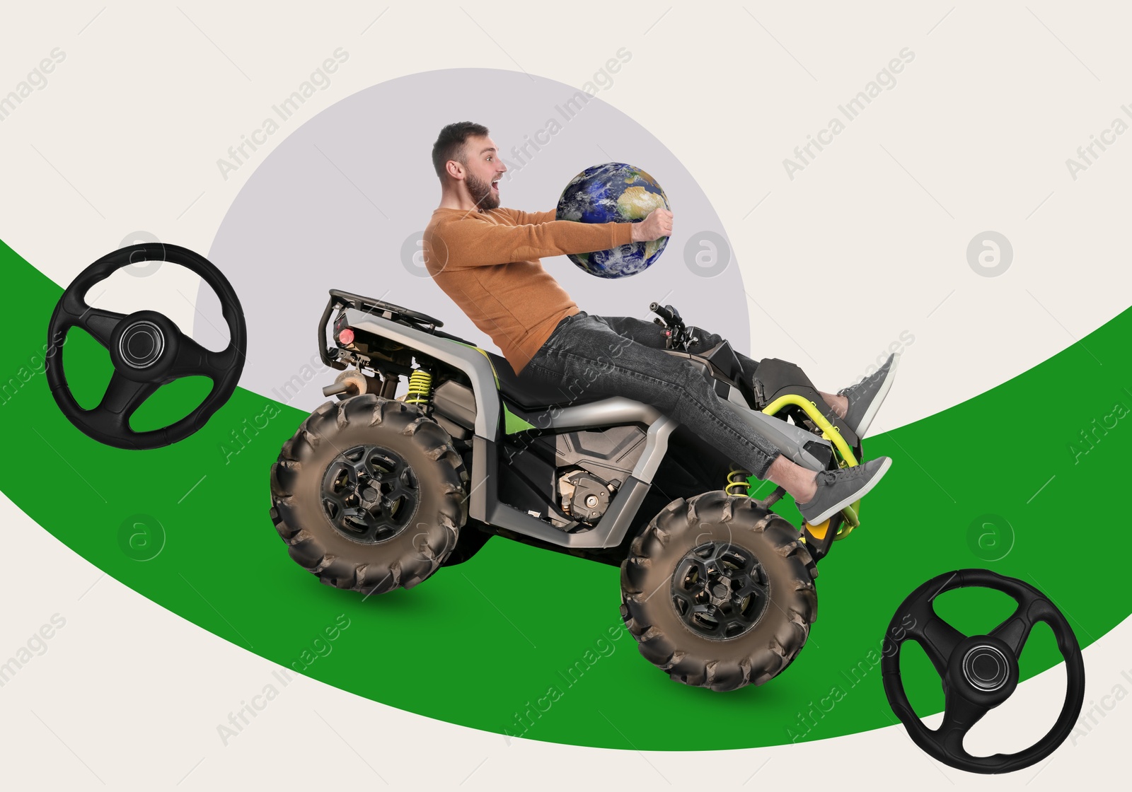 Image of Emotional driver with globe instead of steering wheel on quad bike, creative collage