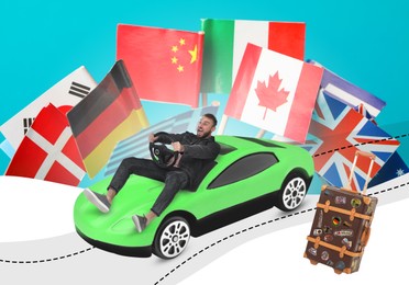 Image of Emotional driver with steering wheel on toy car against flags of different countries, creative collage