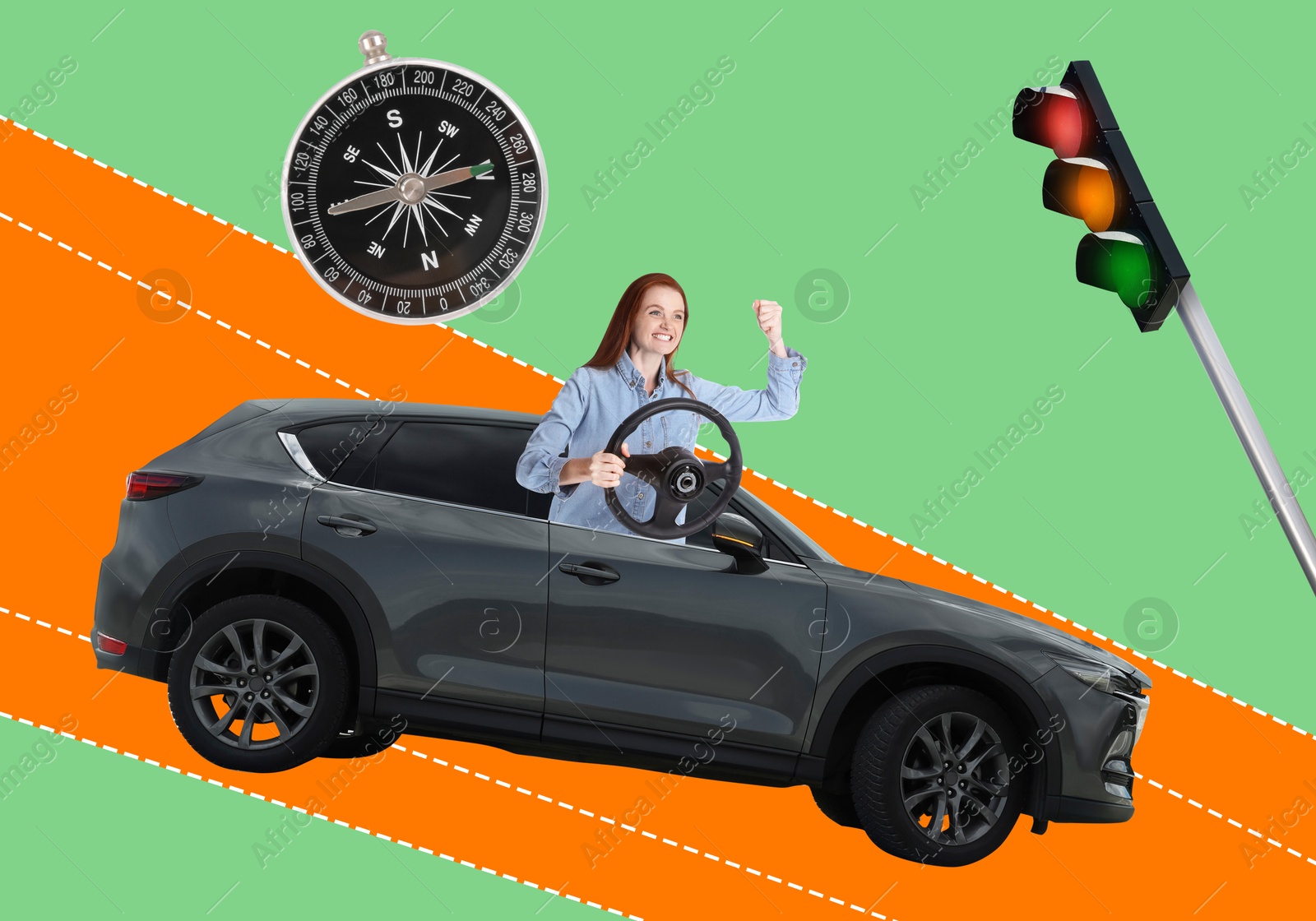 Image of Emotional driver with steering wheel sticking out of car, traffic light and compass, creative collage