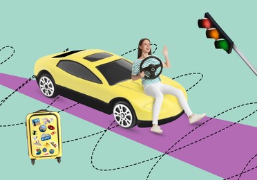 Image of Happy driver with steering wheel on toy car, traffic light and suitcase, creative collage