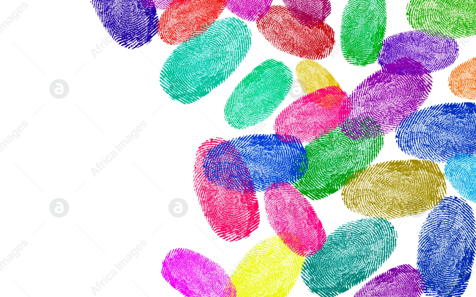 Image of Fingerprints of different colors on white background, space for text