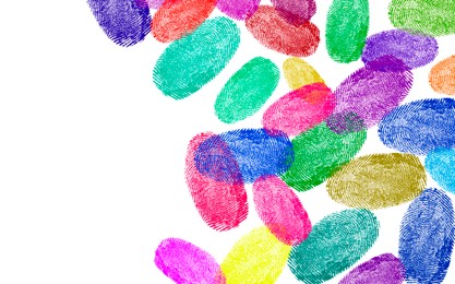 Image of Fingerprints of different colors on white background, space for text