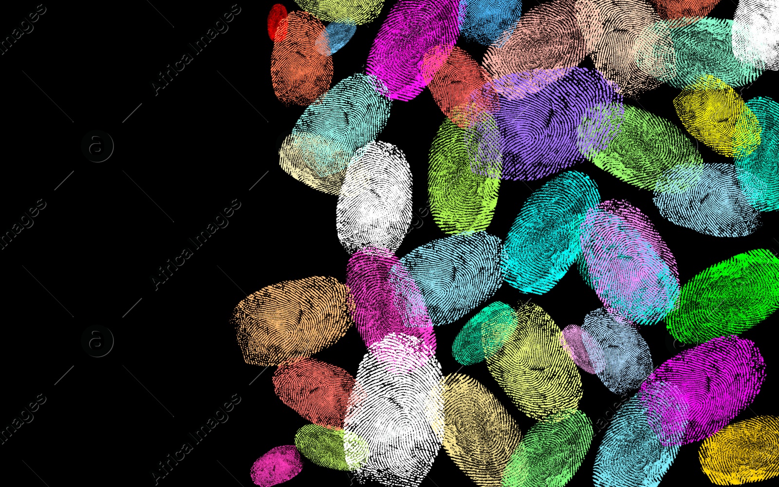 Image of Fingerprints of different colors on black background, space for text