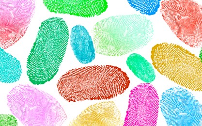 Image of Fingerprints of different colors on white background